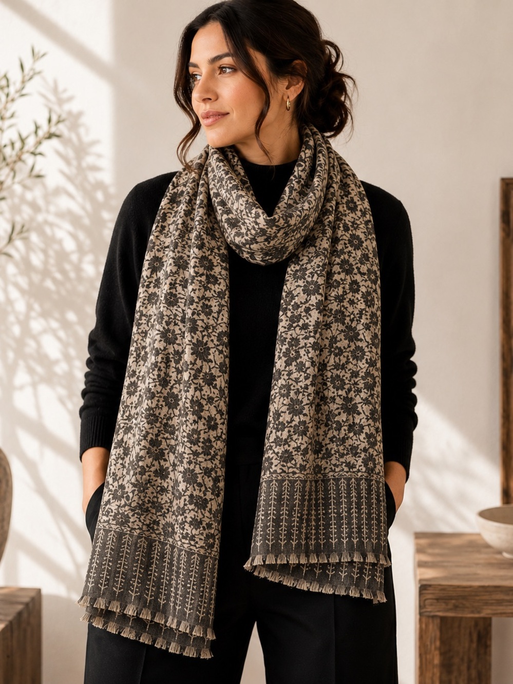 Floral Botanical Pashmina Shawl Scarf | Soft Woven Wrap | Neutral Fringe